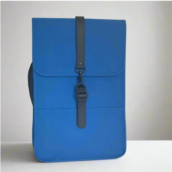 RAINS Small Backpack Blue Laptop Sleeve Commuter Vegan Flap Water Repellant - Picture 1 of 12